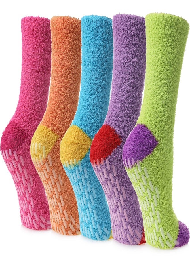 LINEMIN Non Slip Hospital Socks with Grips for Women Cozy Winter Soft Fluffy Grip Slipper Socks (5 Pairs Mix Green) - Image 1